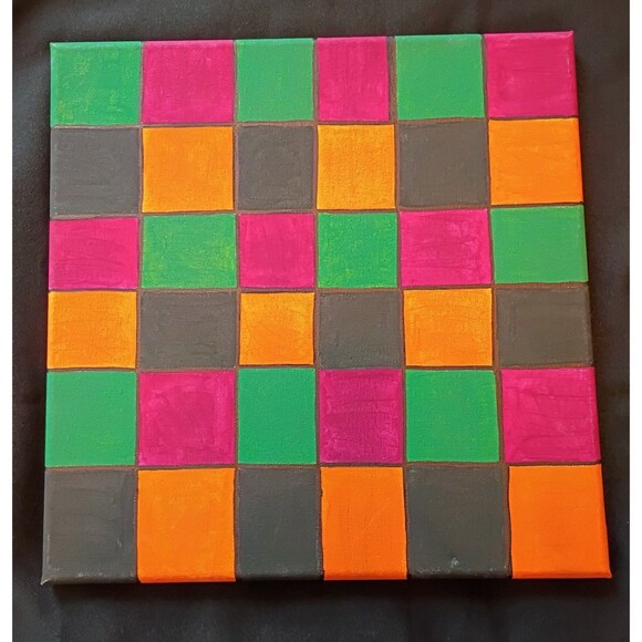 Handpainted Checkered Art Stretched Canvas Home Decor Wall Decor 12x12" - Picture 1 of 2